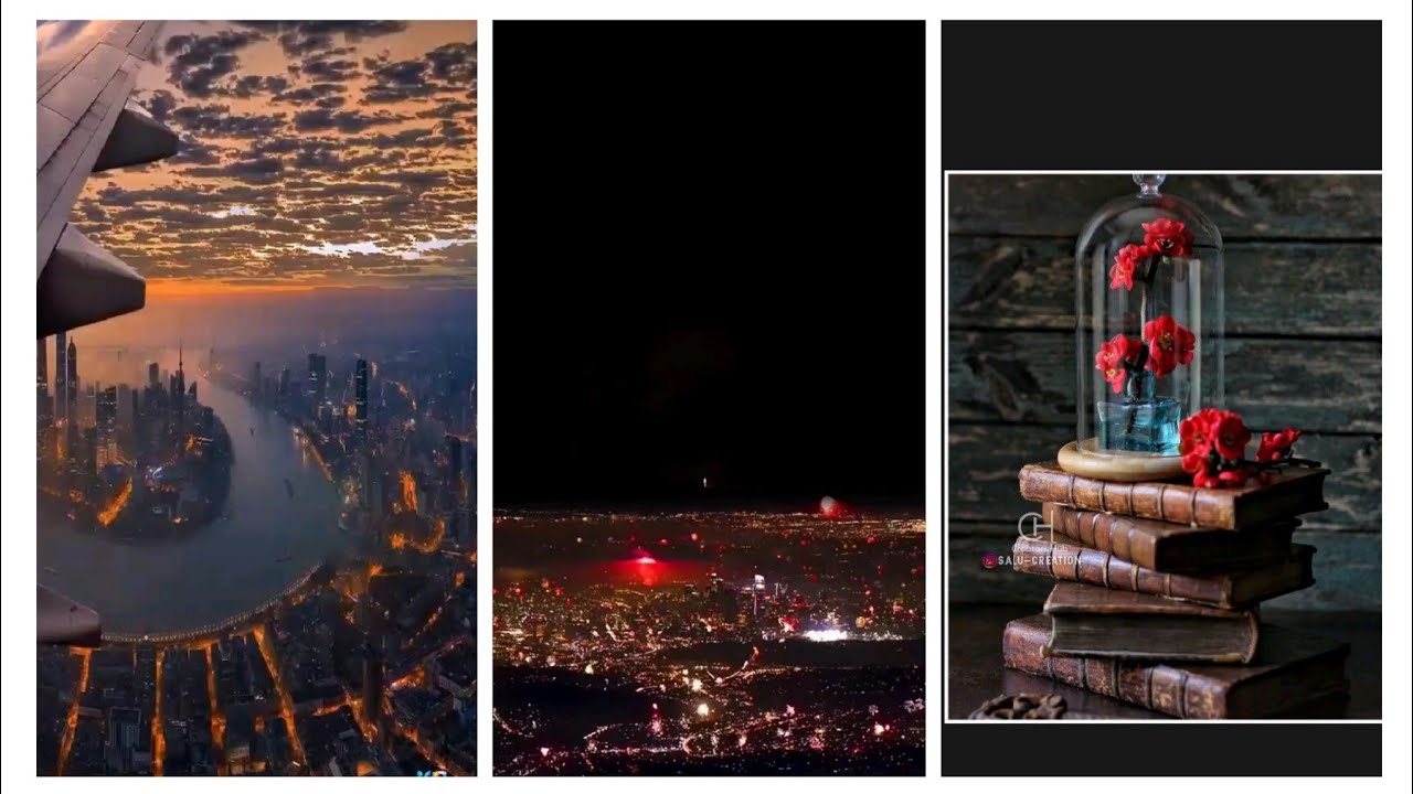 A collage of three different pictures, an aerial view of a city, a night time view of a city, and a stack of books with flowers on top. - Travel