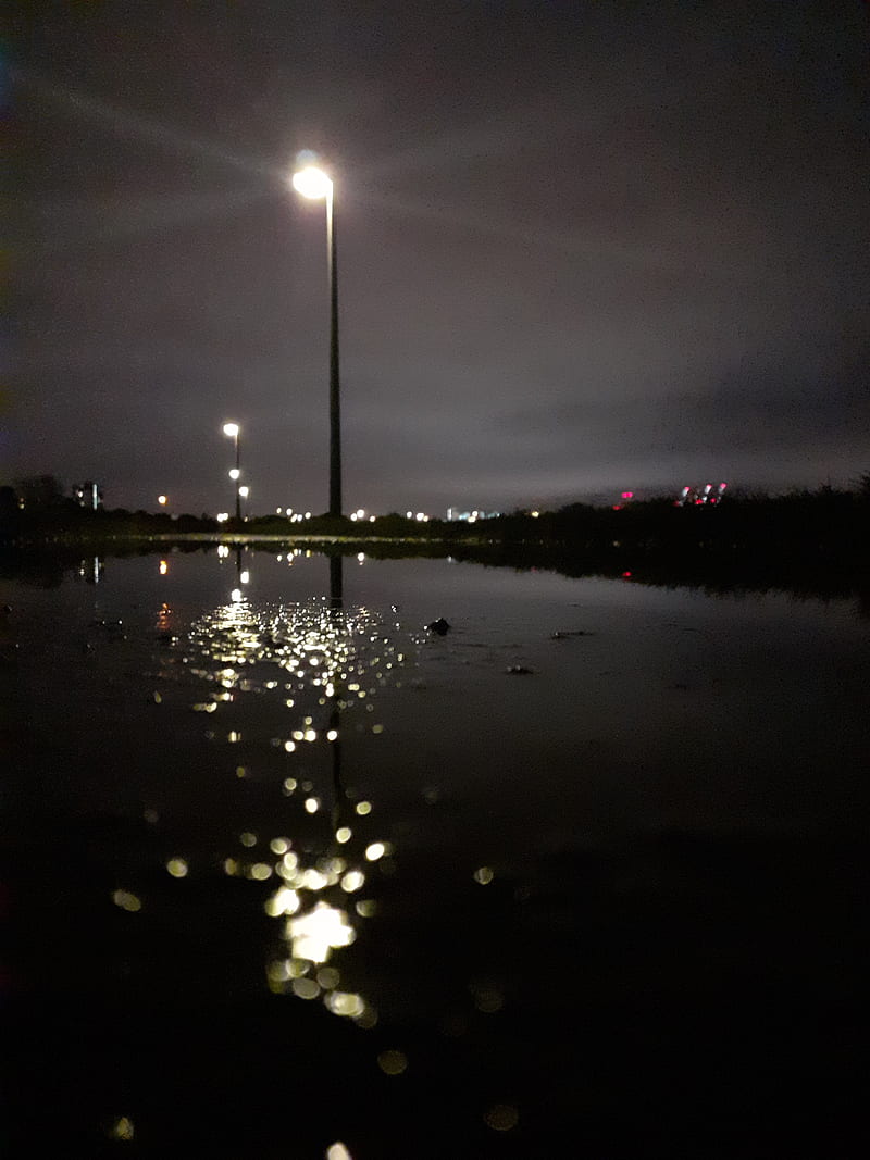 Nighttime view of a flooded park with streetlights and city lights in the distance. - Water, night, lake