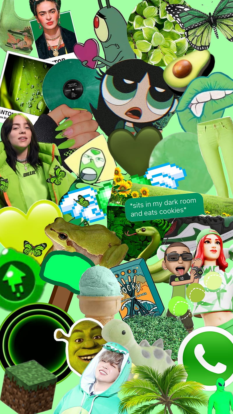 Aesthetic green collage background with shrek and billie eilish - Shrek