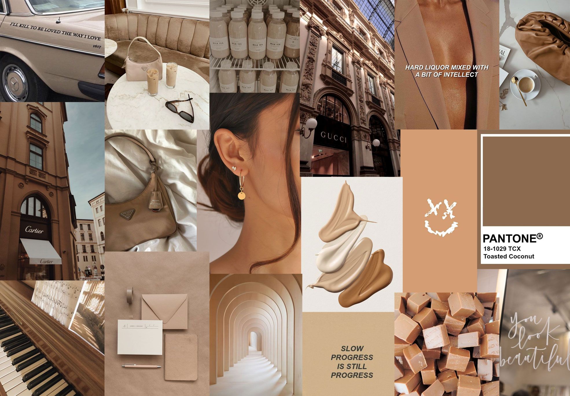 Aesthetic collage with various elements in light brown tones. Collage includes elements such as a car, a cityscape, a piano, a woman's face, bottles, a handbag, a Gucci logo, a building, a handbag, a cup, a bag, a book, a keyboard, and a pair of earrings. The collage is accompanied by a brief description and a list of tags.  - Brown, coconut, piano