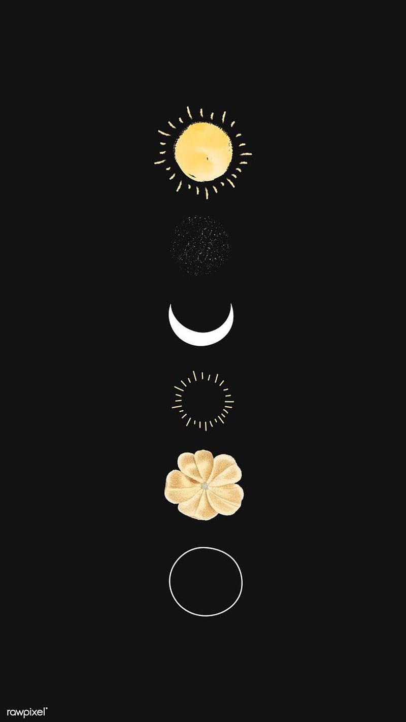 Moon phases with a sun and a flower on black background - Sun, sunlight