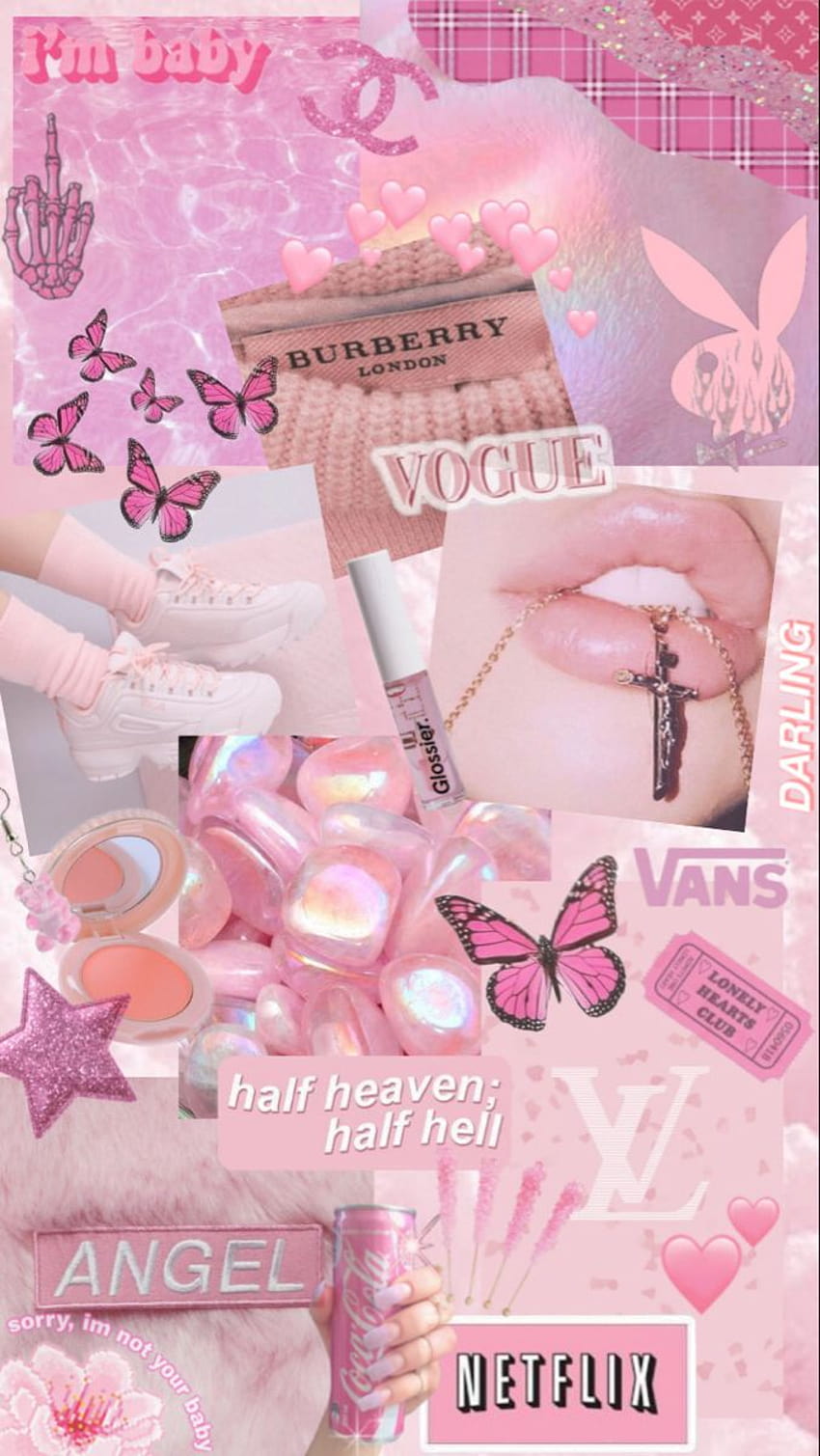 Aesthetic pink background with butterfly, makeup, and Netflix logo. - Soft pink