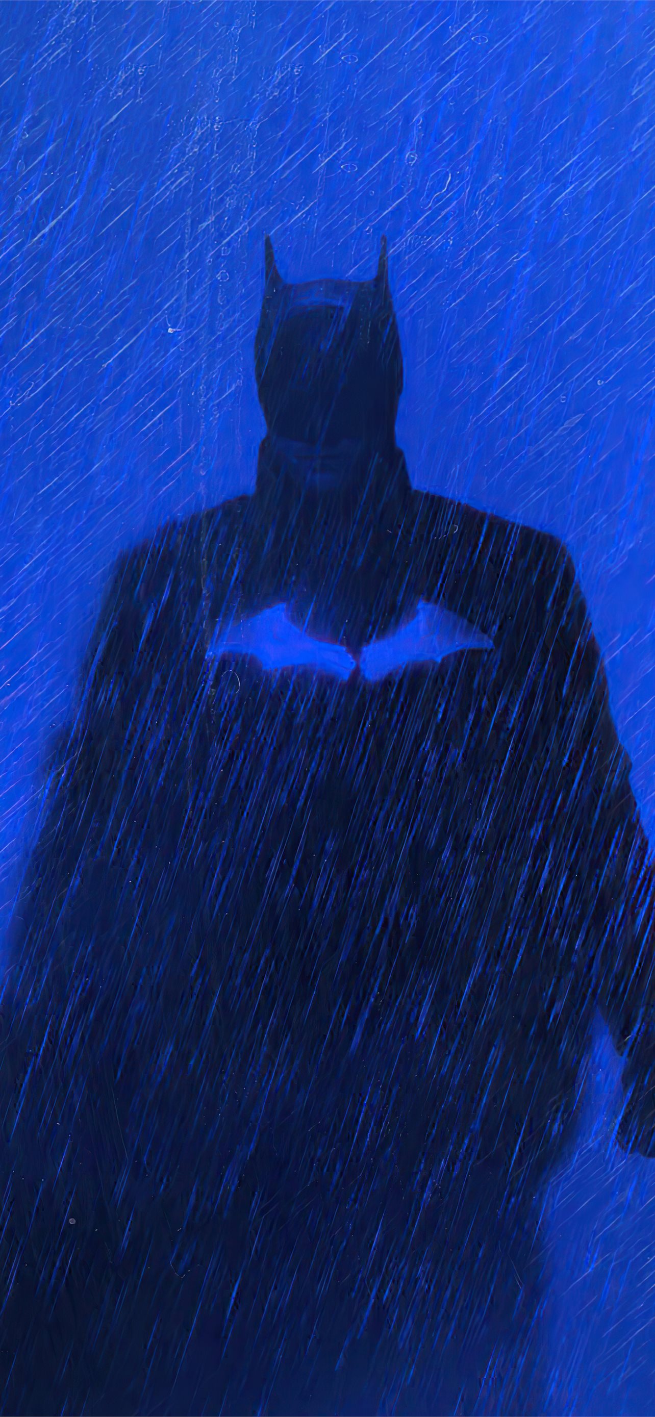 The batman is standing in front of a blue background - Batman