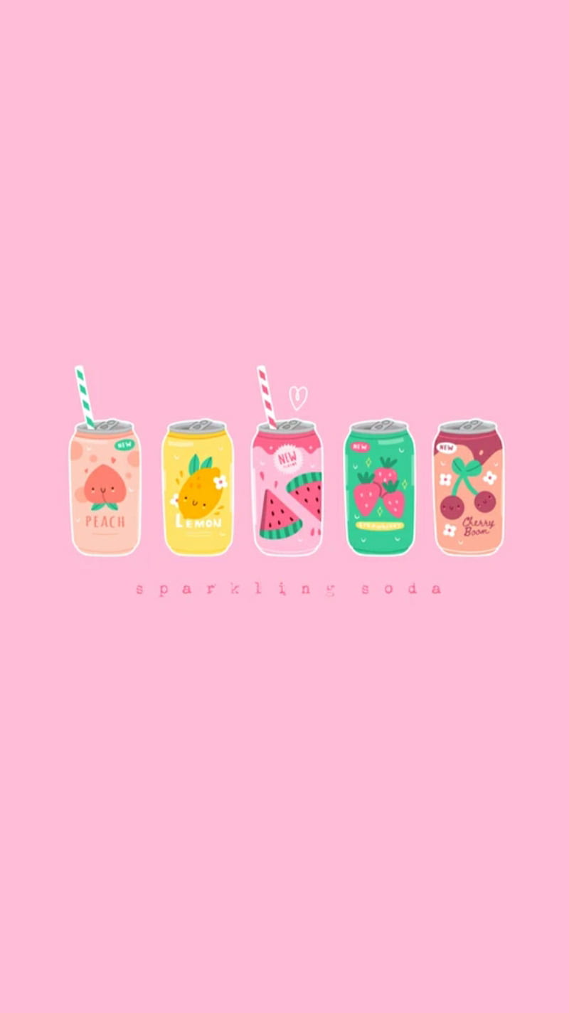 6 different fruity soda cans on a pink background - Fruit