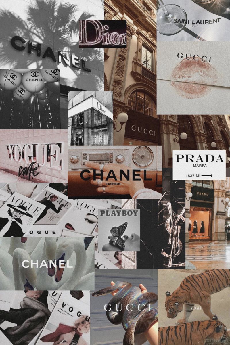 A collage of different chanel logos and pictures - Dior, Gucci, Vogue, Chanel