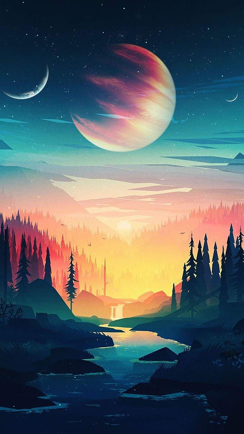 A landscape painting of a planet with a river and trees. - Landscape