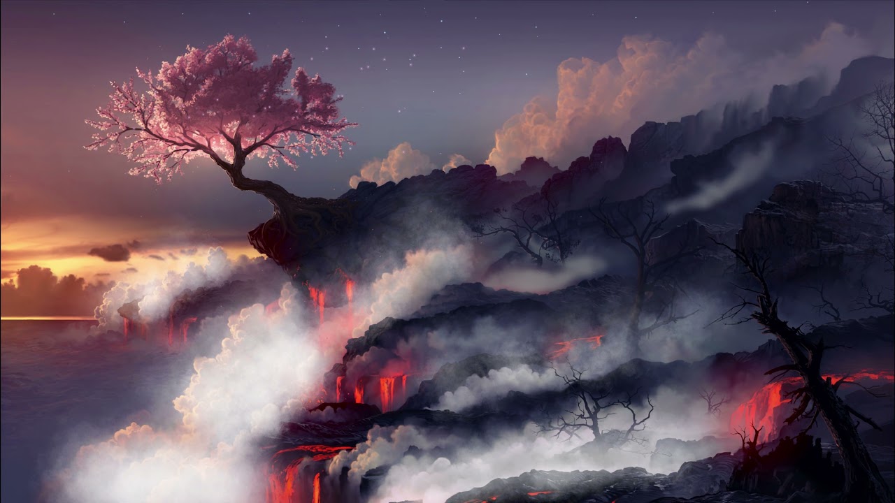 A pink tree stands on a ledge of rock, surrounded by steam and lava. - Landscape