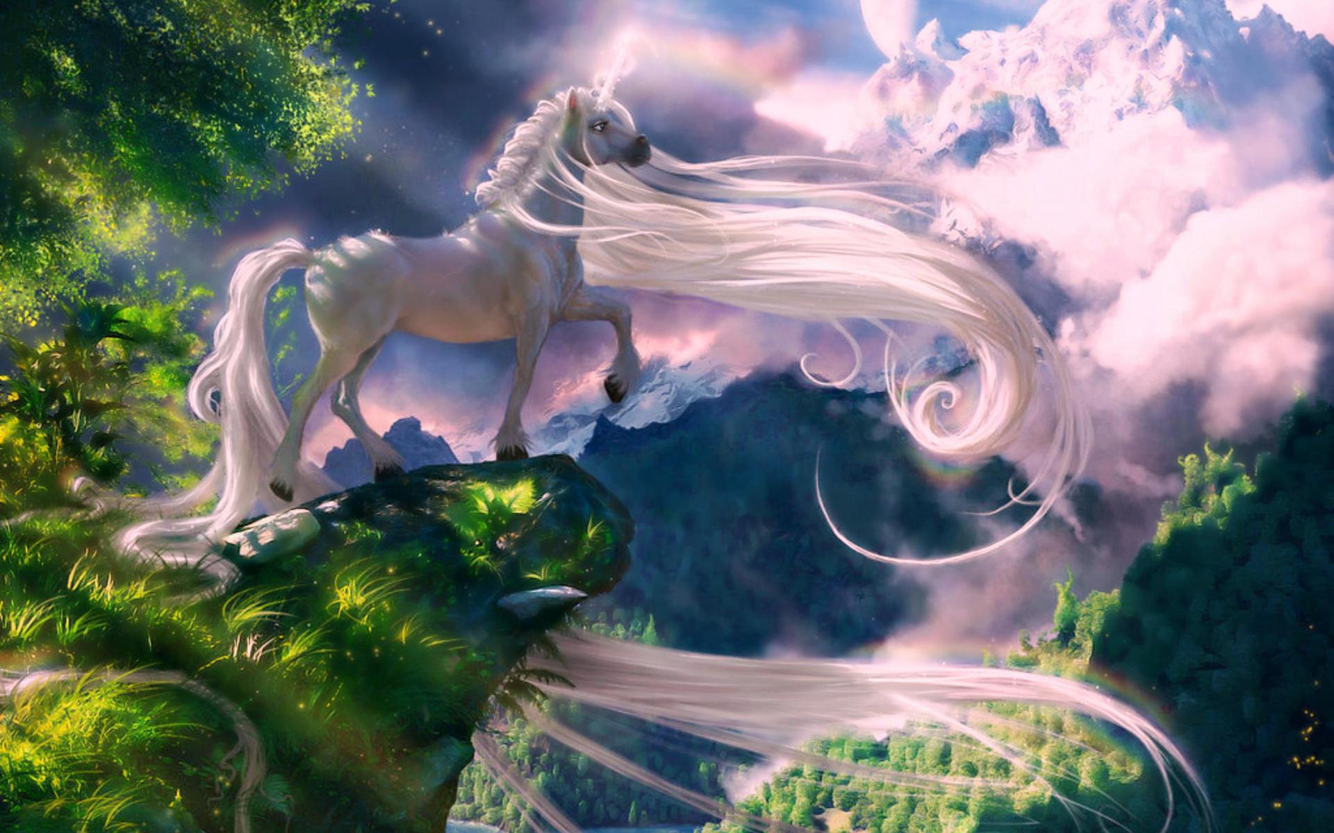 A white horse with long hair standing on top of the mountain - Unicorn