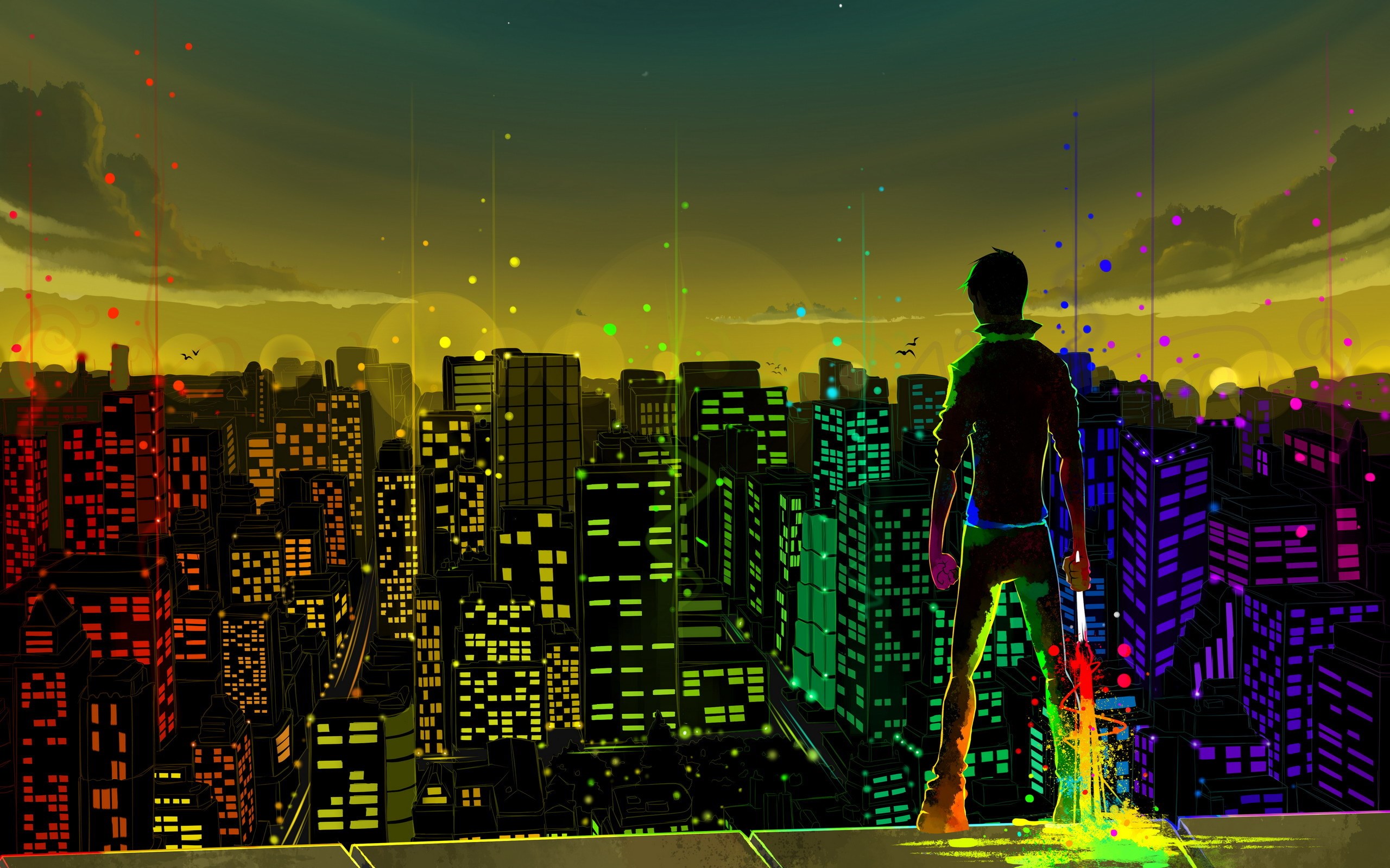 A person standing on a rooftop looking out at a city at night - 2560x1600