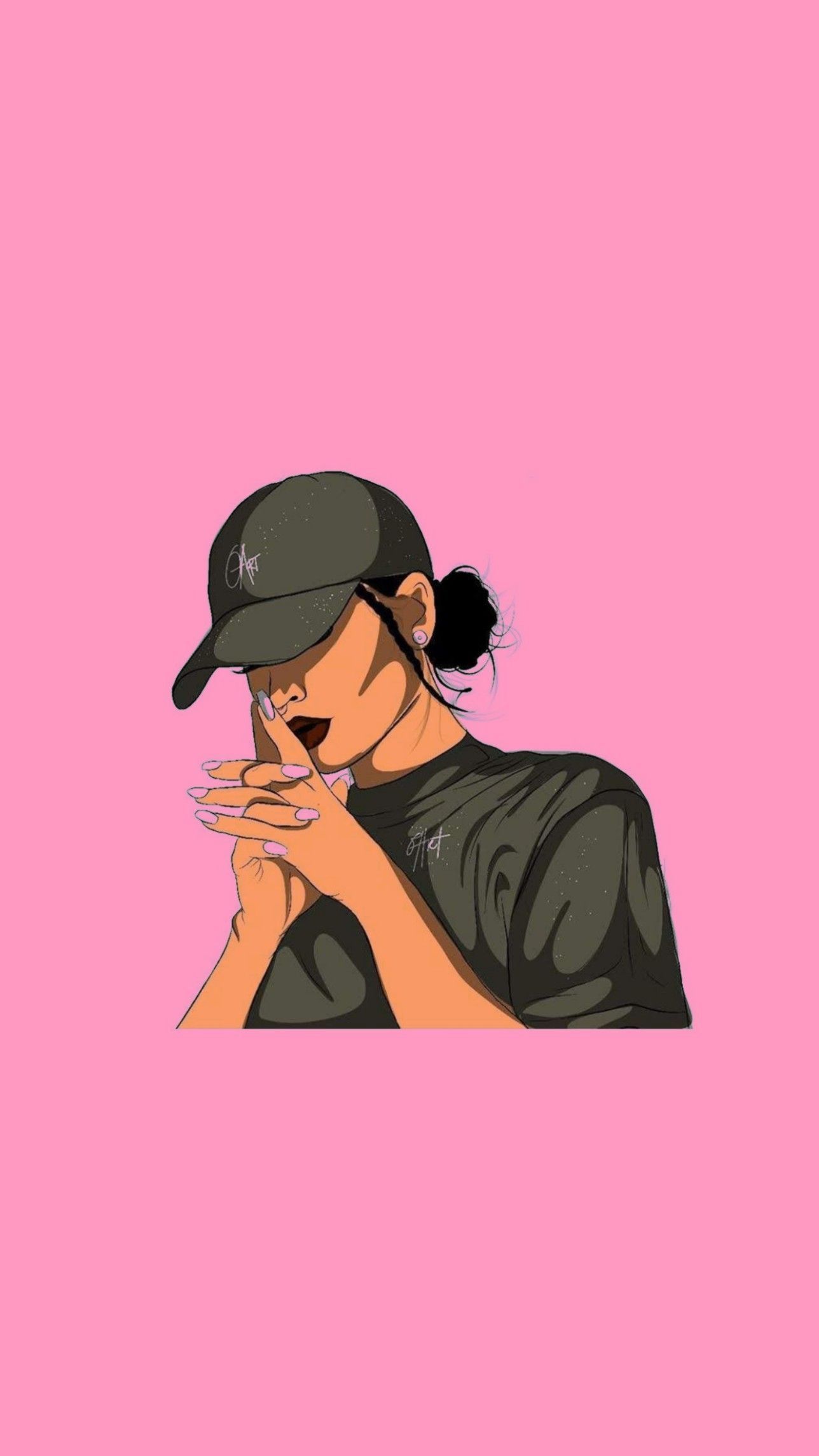 Aesthetic wallpaper of a girl in a hat on a pink background - Baddie