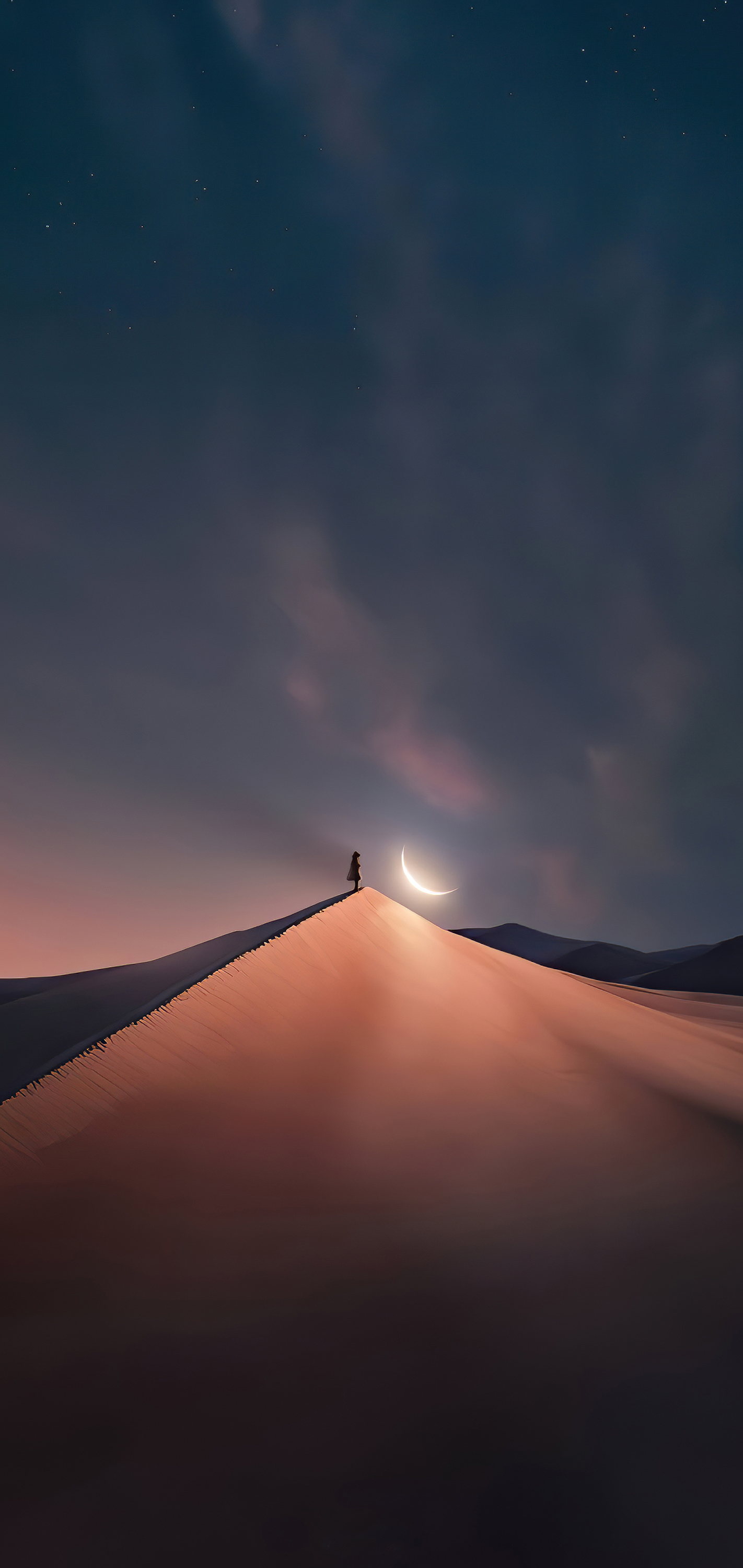 A person standing on a sand dune with a crescent moon in the sky - Desert