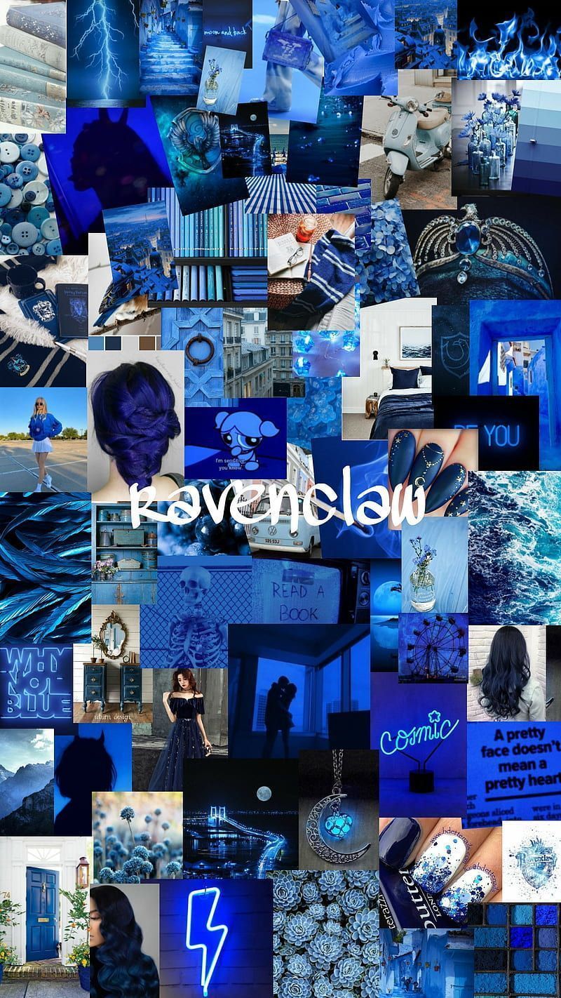 A collage of blue images with text - Indigo, navy blue, Ravenclaw