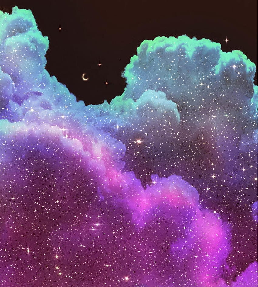 A digital painting of a purple and blue cloud filled sky with a crescent moon and stars. - Indigo