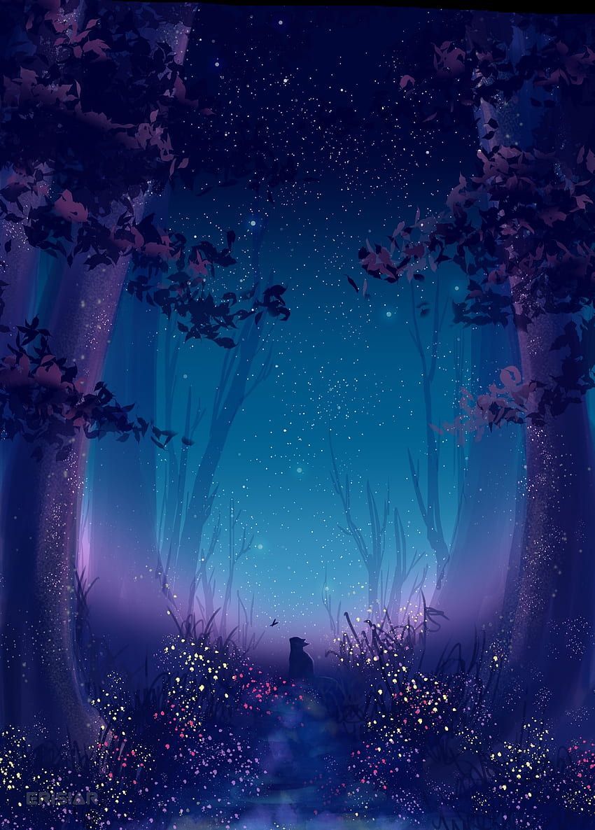 A painting of the forest at night - Magic