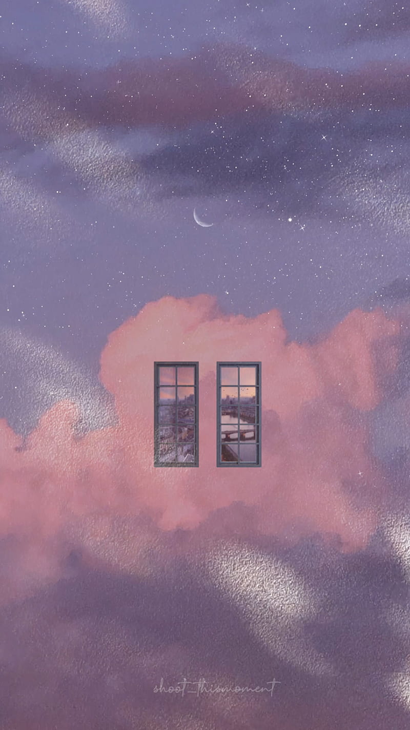 A painting of two windows with clouds in the background - Magic