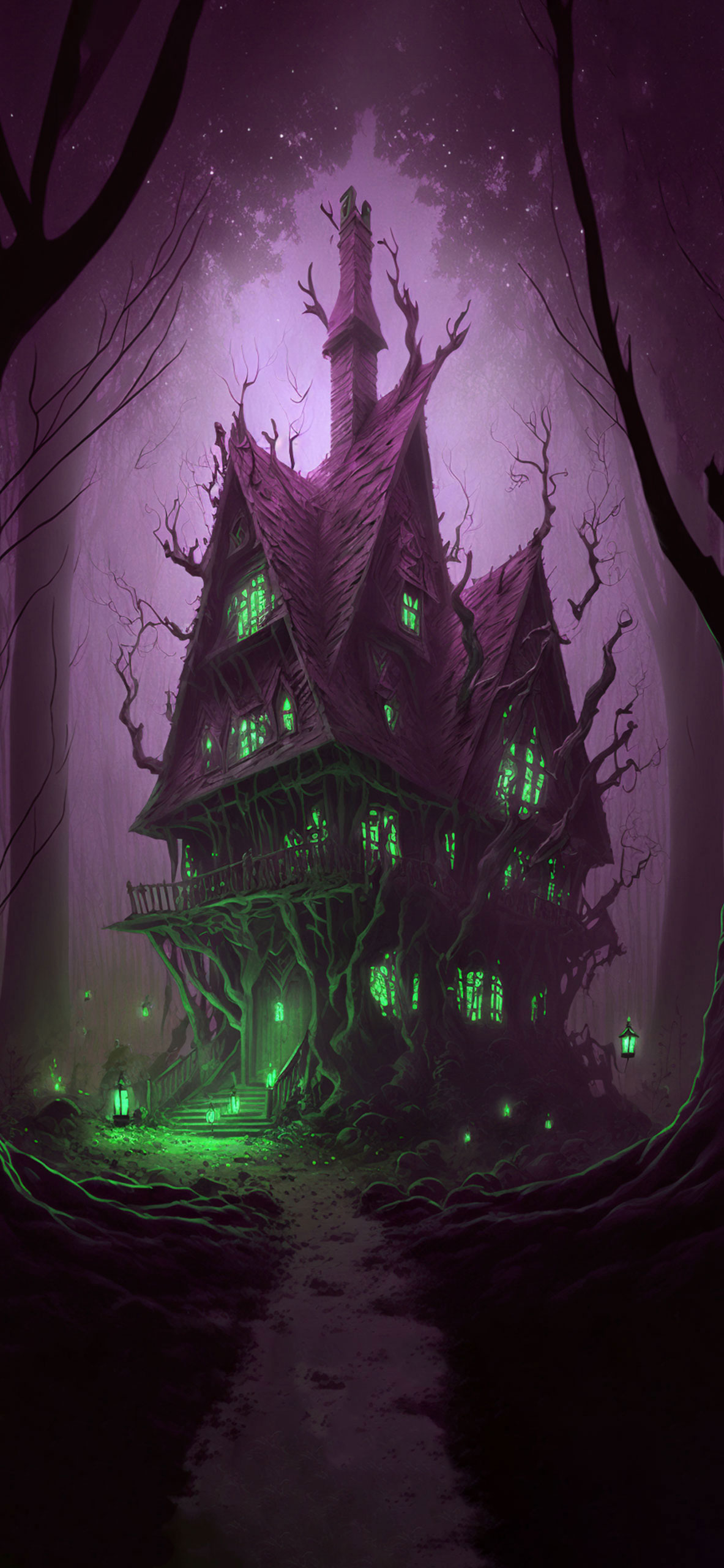 A haunted house in a forest with glowing windows - Magic
