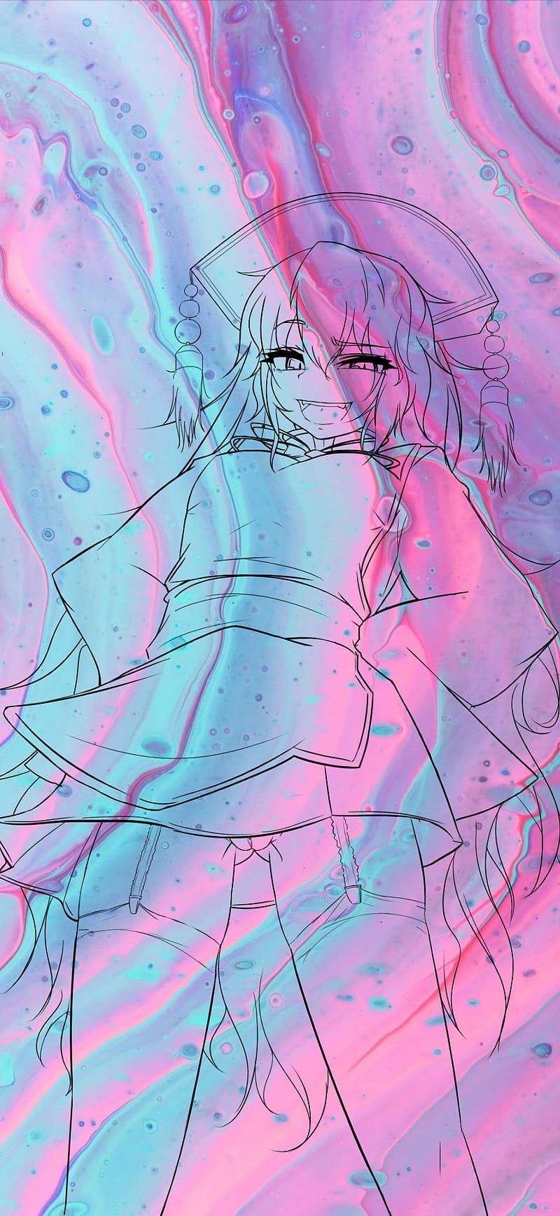 Aesthetic anime girl in a kimono with a pastel pink and blue background - Magenta