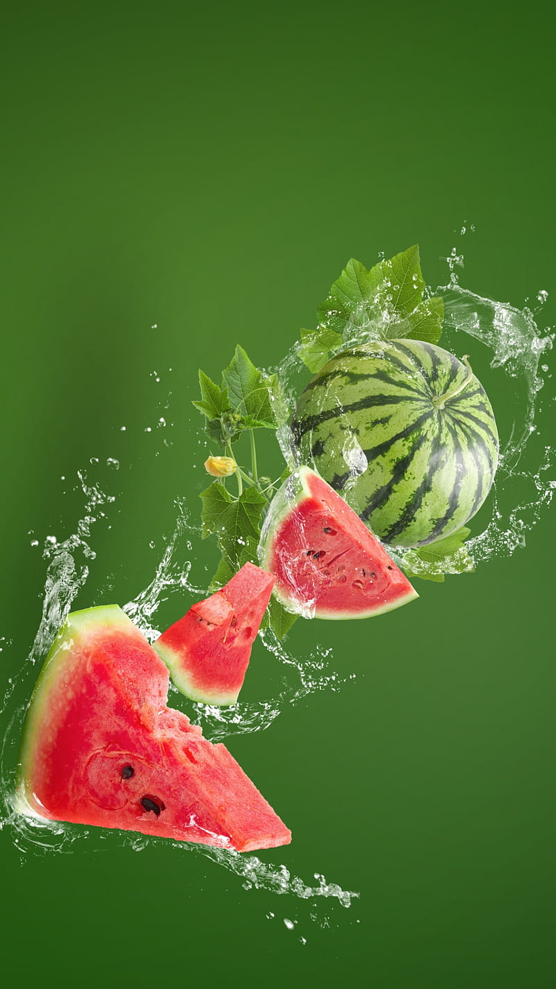 Watermelon, food, fruit, green, red, slices, splash, water splash, HD phone wallpaper