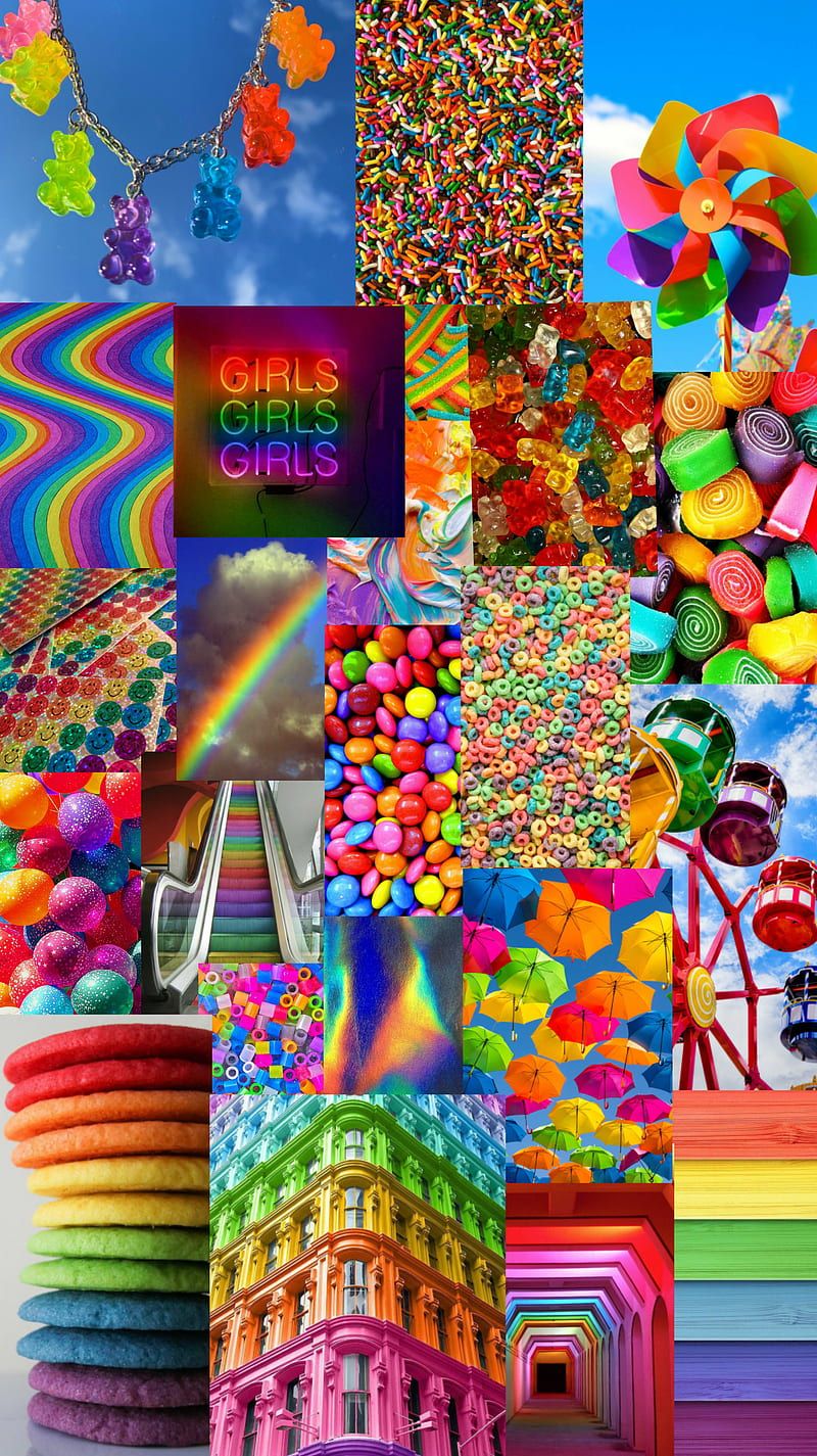 A colorful collage of candy, rainbow, and rainbow candy. - Candy