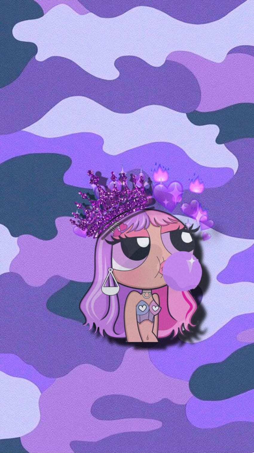 The purple camo background with a cartoon character in it - The Powerpuff Girls