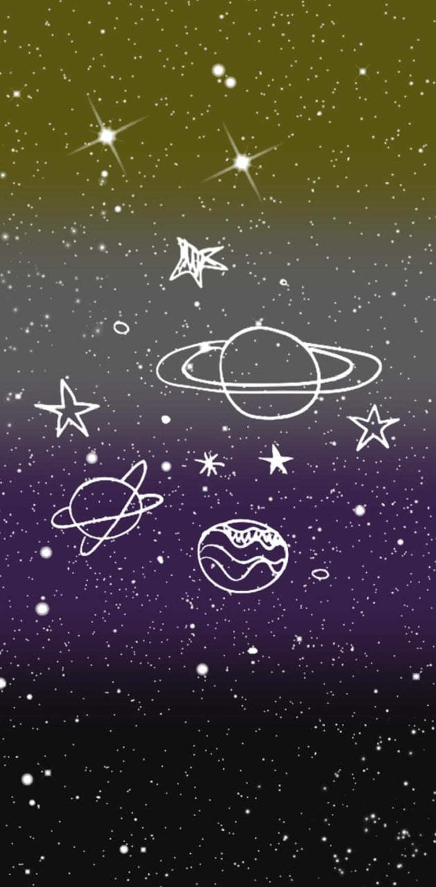 A purple and black background with stars, planets - Non binary