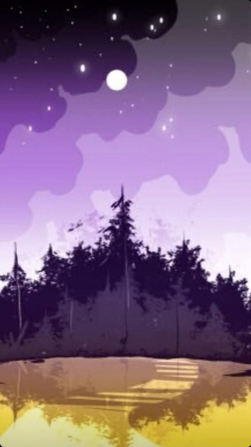 A purple sky with a full moon and stars above a forest. - Non binary