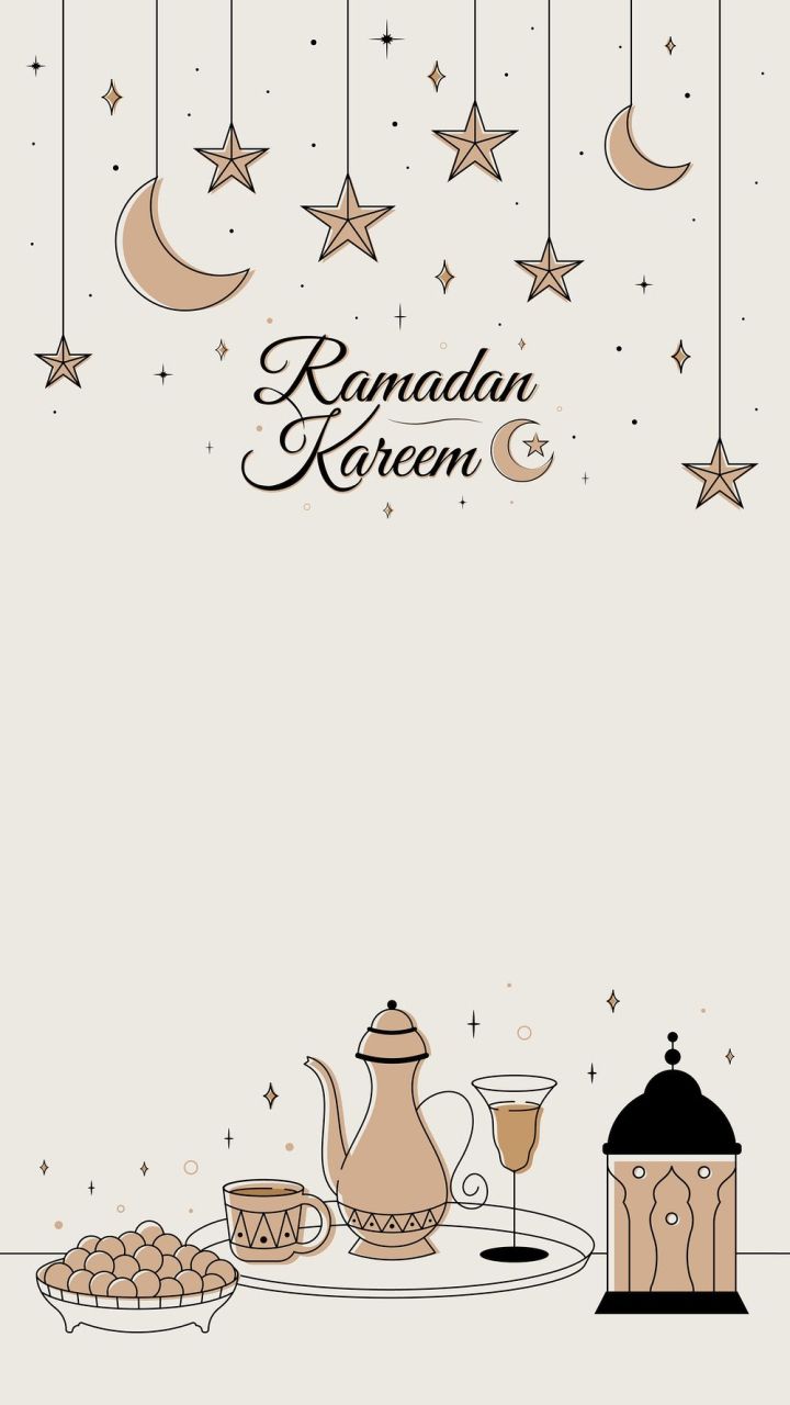 A free vector illustration of a ramadan kareem background with a lantern, moon, stars, and some traditional ramadan food. - Brown