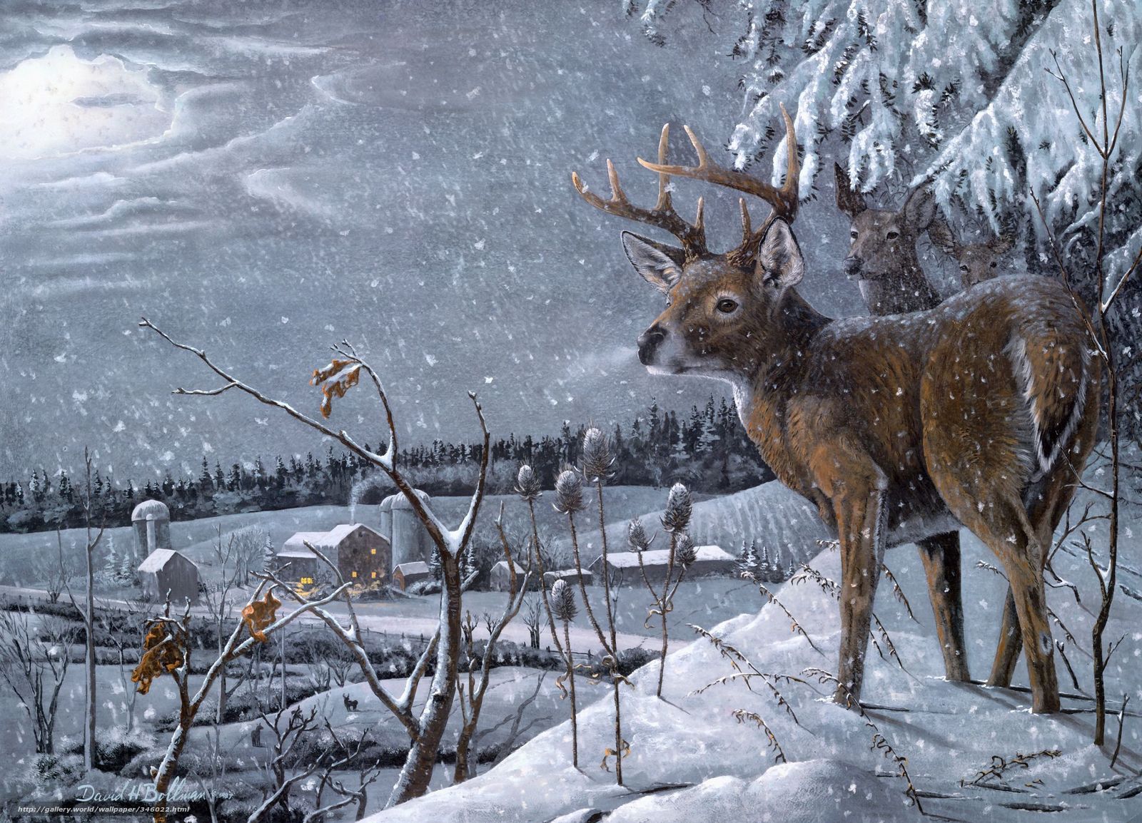A painting of deer in the snow - Deer
