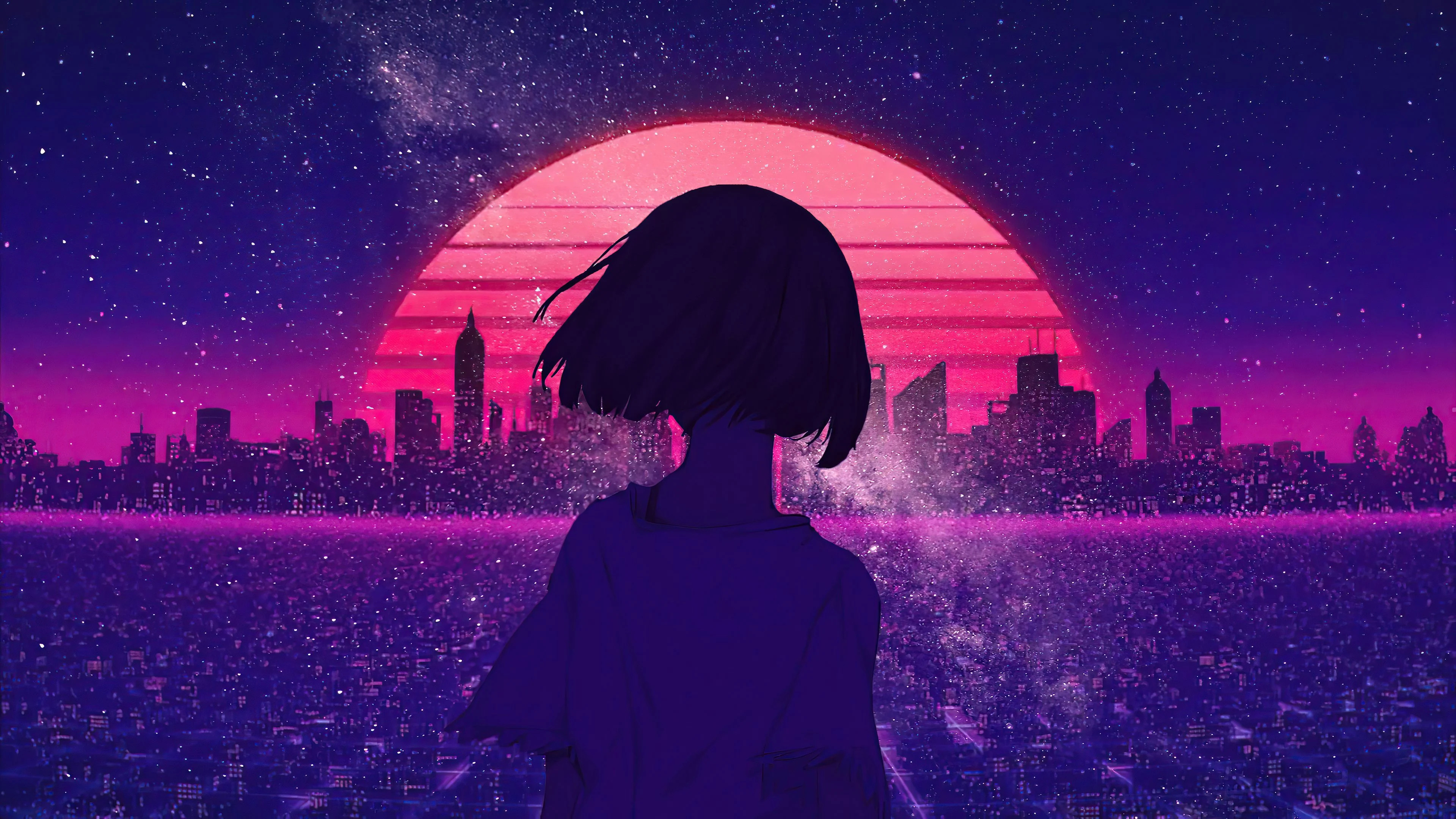 A girl looking at the sunset in front of an abstract city - Peace, retro
