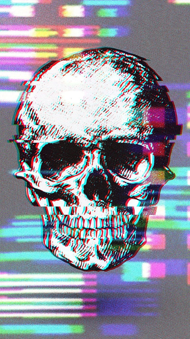 A skull wearing sunglasses on a colorful background - VHS