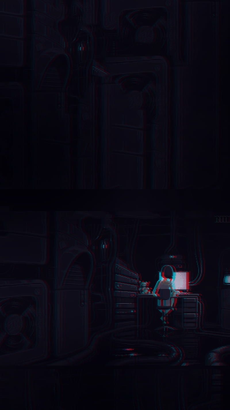 A sci-fi illustration of a person sitting in a dark room in front of a computer. - VHS