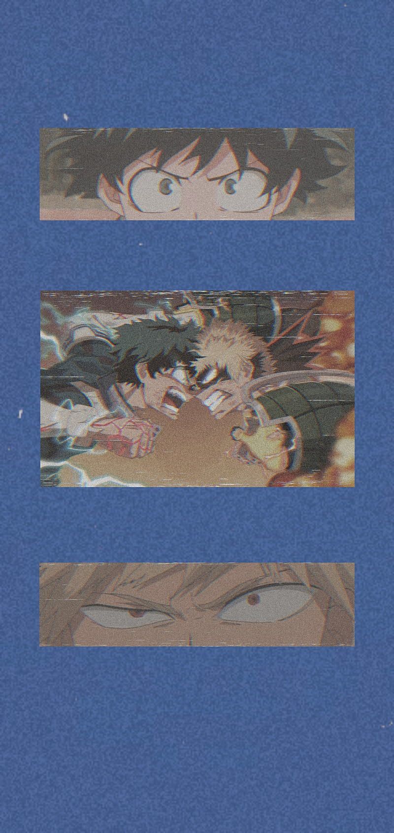 Three panels of a anime character with brown hair and a blue background - VHS