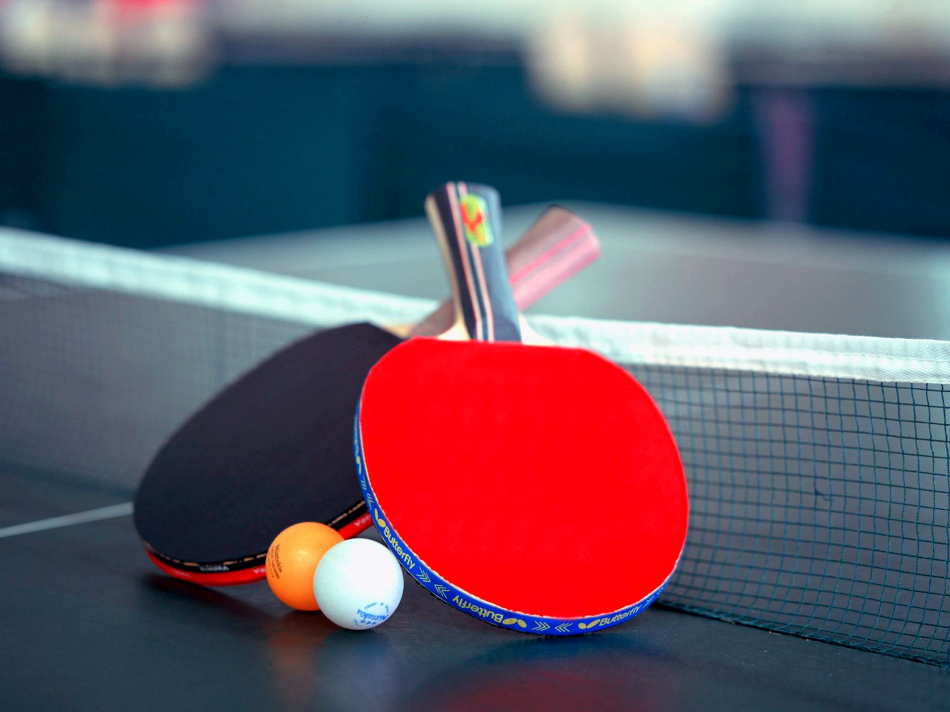 A ping pong table with two rackets and balls - Tennis