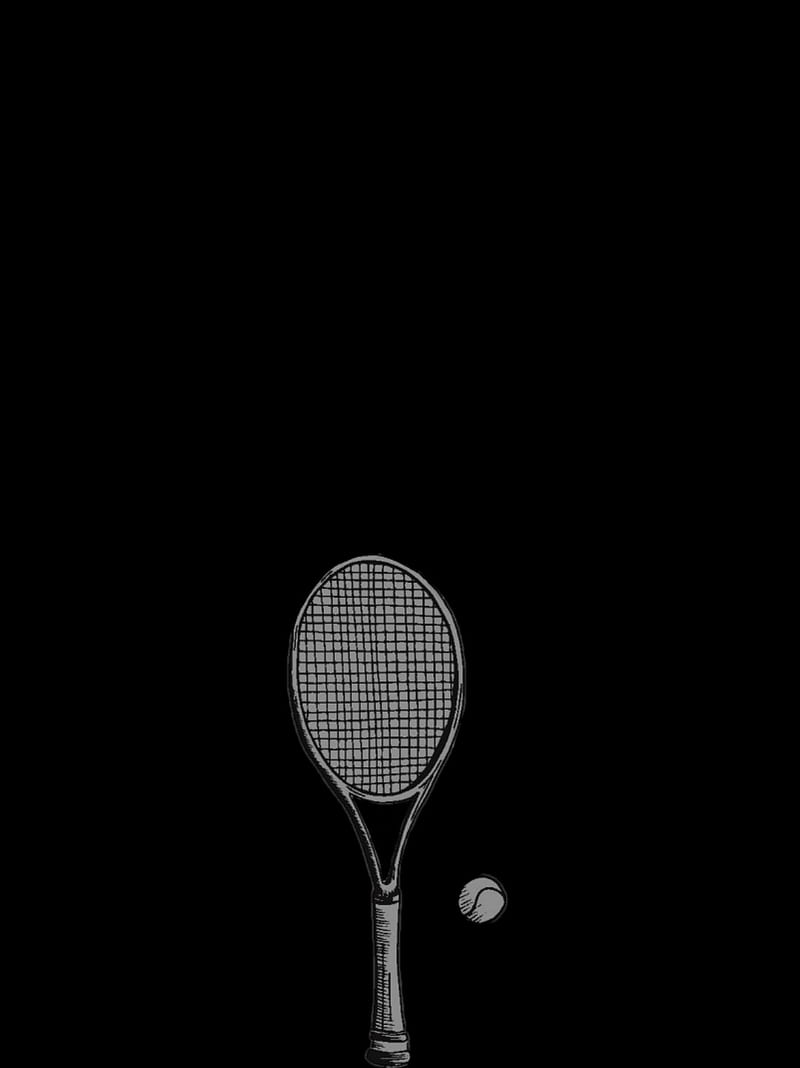 A tennis racket and ball are shown in black and white. - Tennis