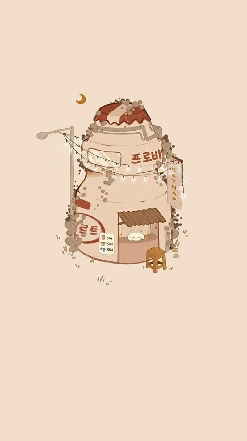 IPhone wallpaper of a small house with a cat sitting in front of it - Milk