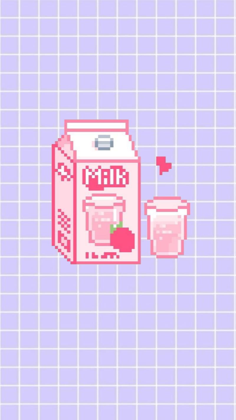 Aesthetic phone wallpaper of a pink milk carton and glass on a purple grid background - Milk