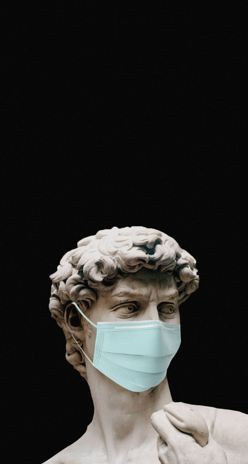 A statue of David wearing a surgical mask. - Greek statue