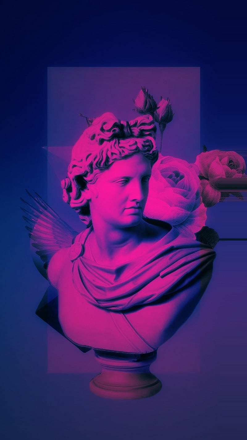 Aesthetic wallpaper of a bust statue with roses in the background - Greek statue
