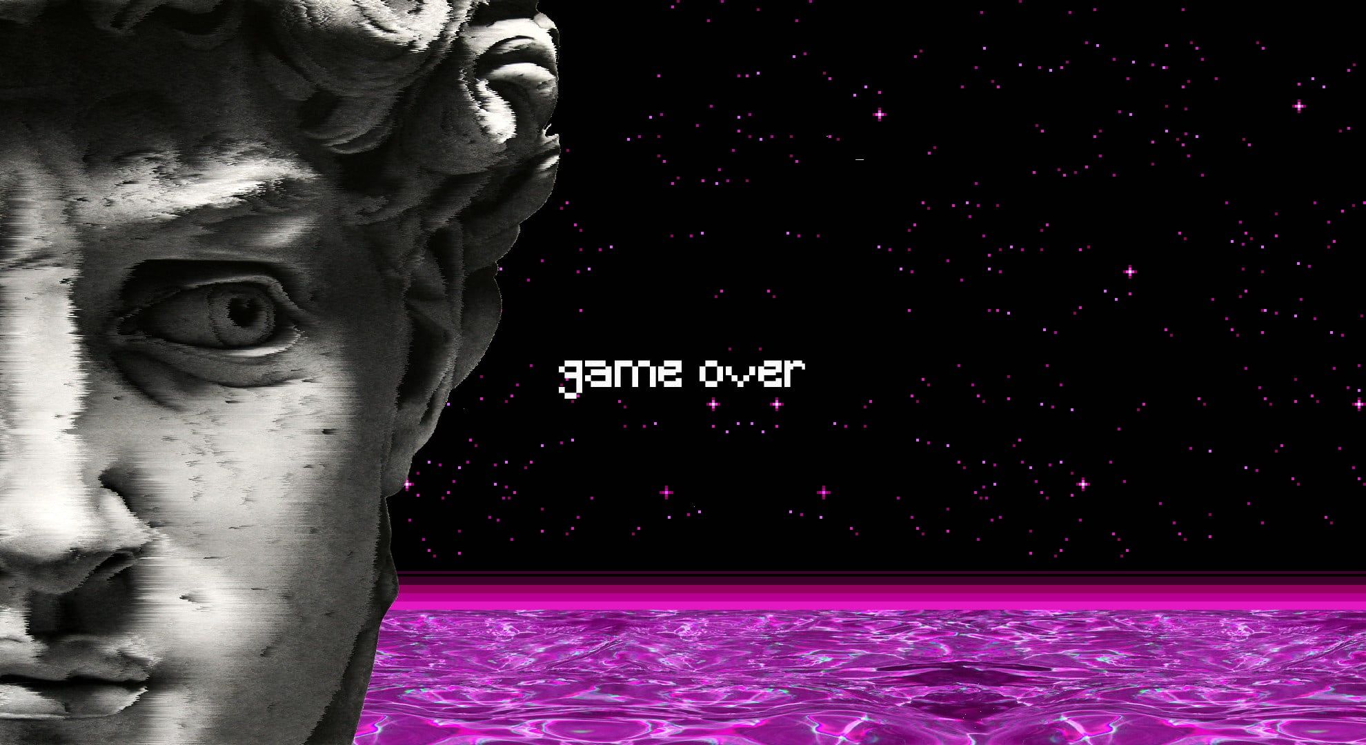 Game over screen with a sculpture of David's face on the left - Greek statue, dark vaporwave