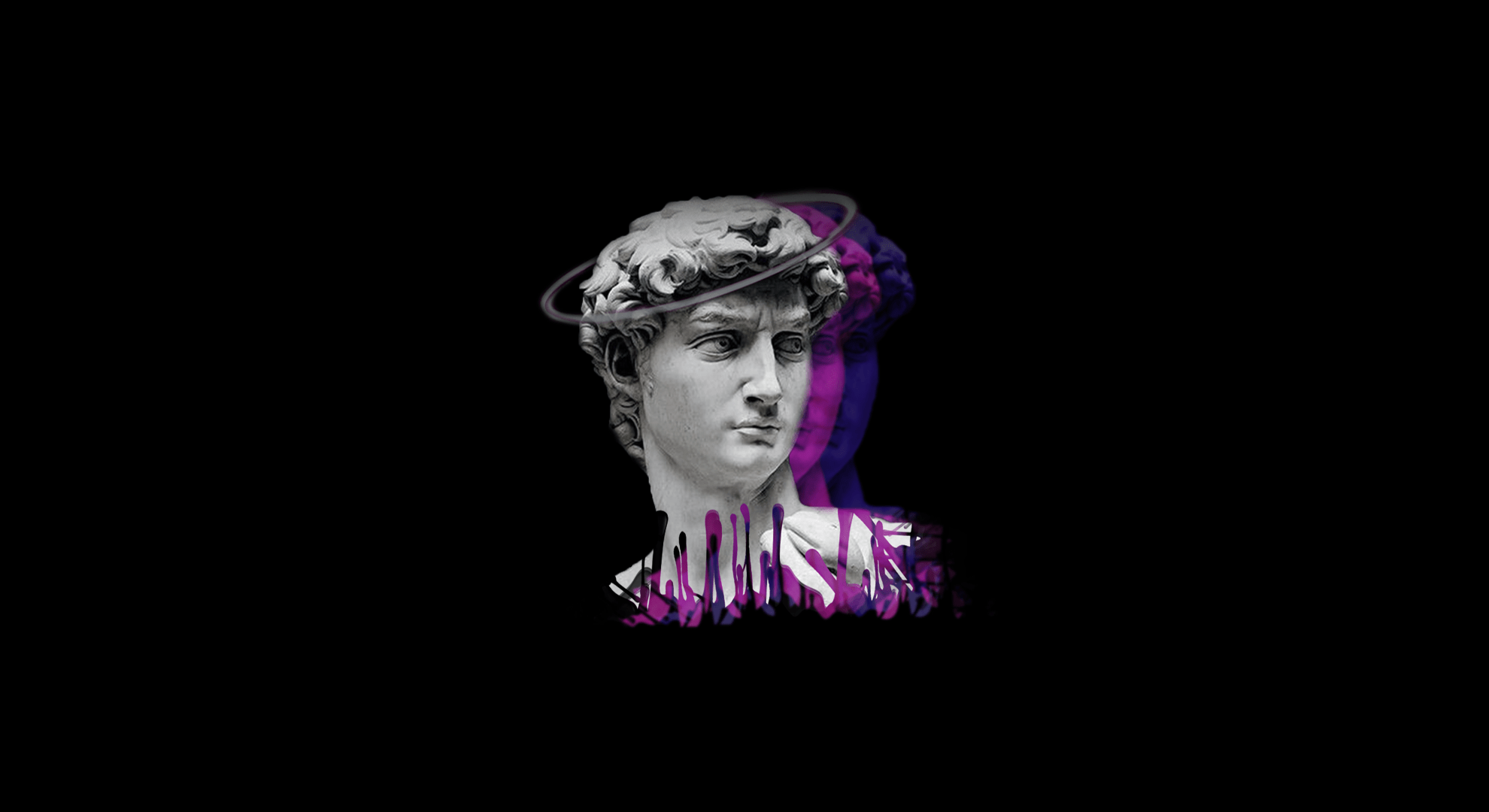 A purple and black image of the head - Greek statue, dark vaporwave