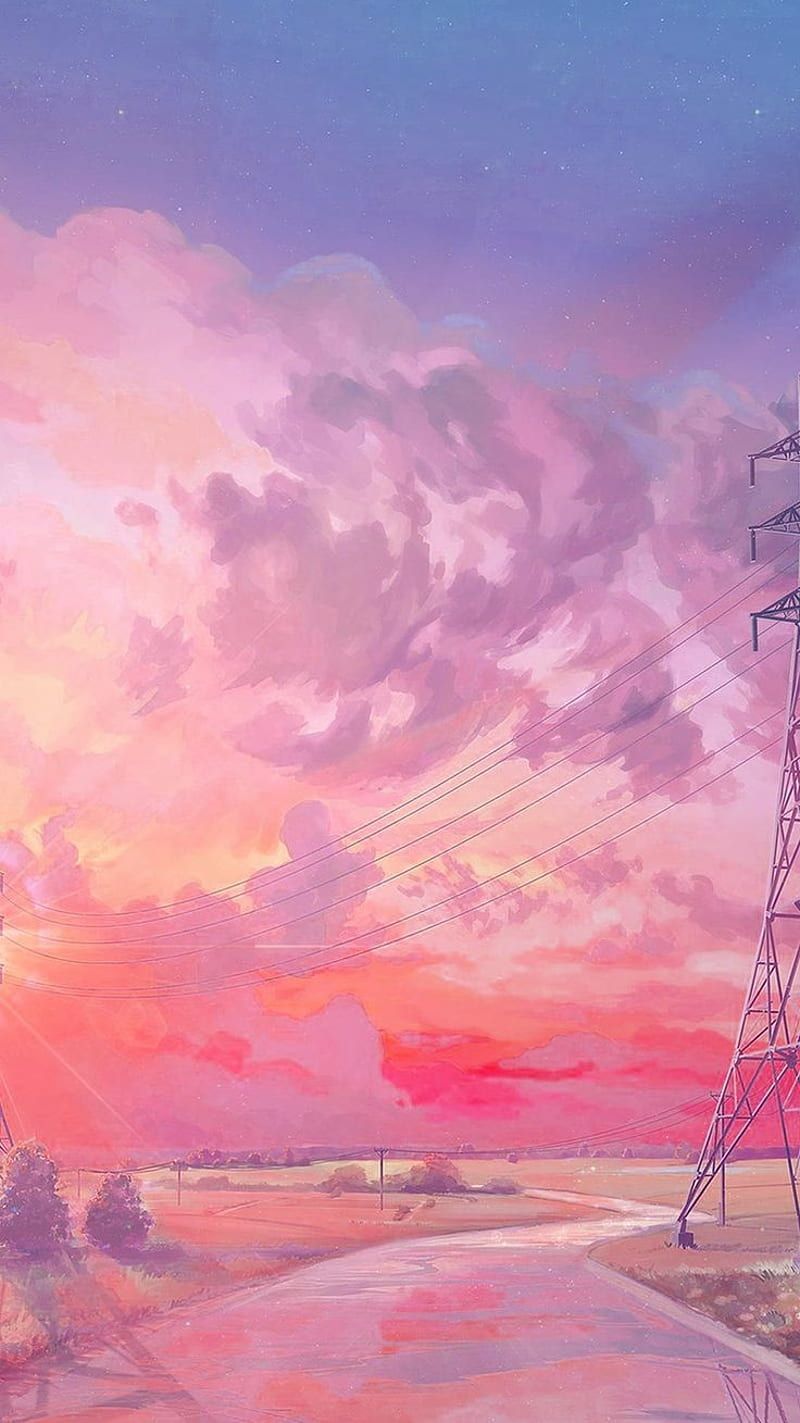 Aesthetic anime background with pink and purple clouds and power lines - Calming
