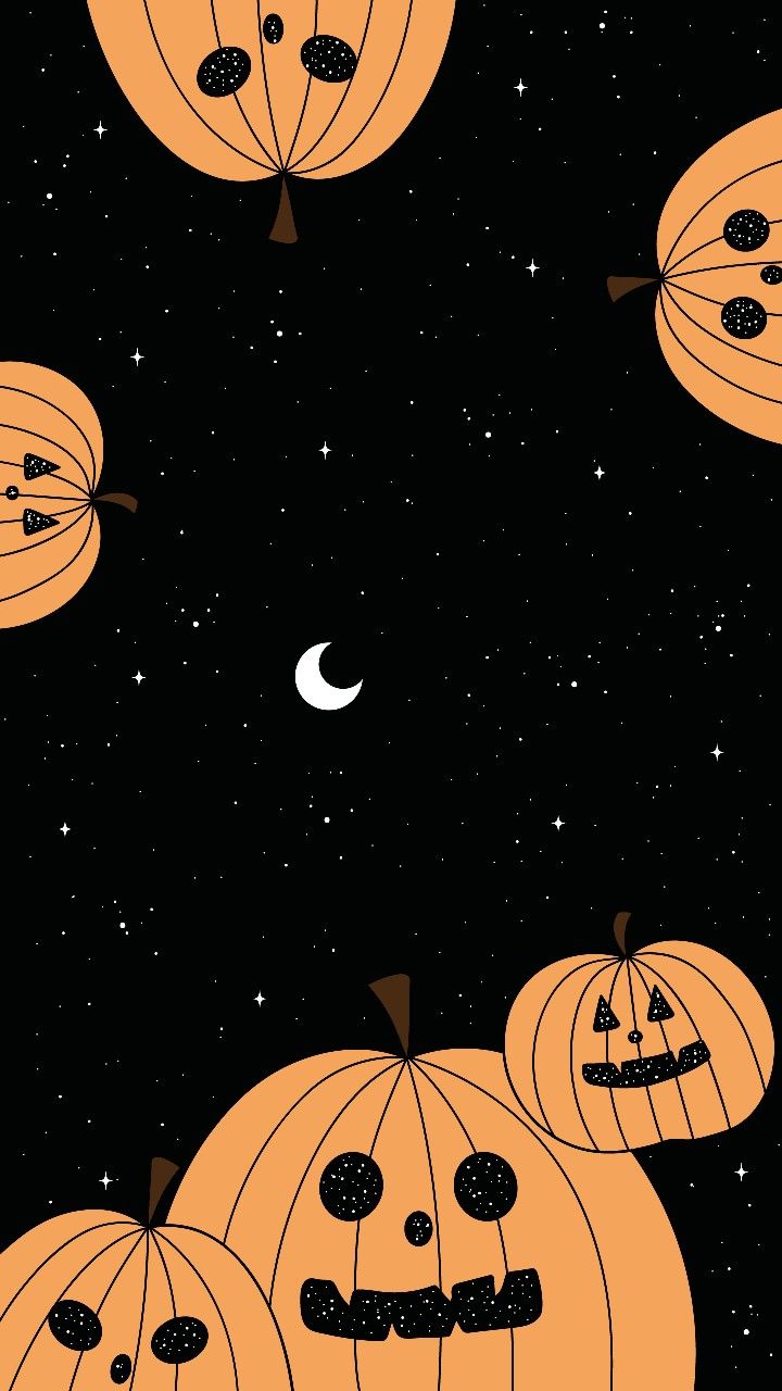 A black background with pumpkins and a crescent moon - Cute Halloween