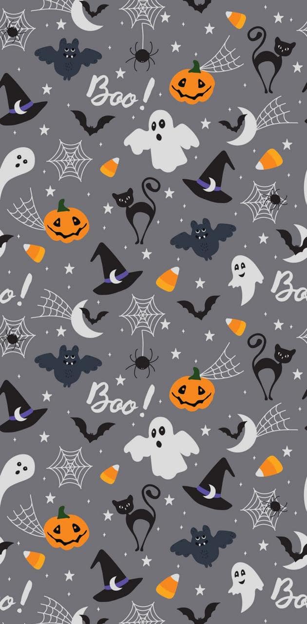 Halloween iPhone wallpaper with cute cartoon ghosts, bats, pumpkins, and spider webs on a gray background - Cute Halloween