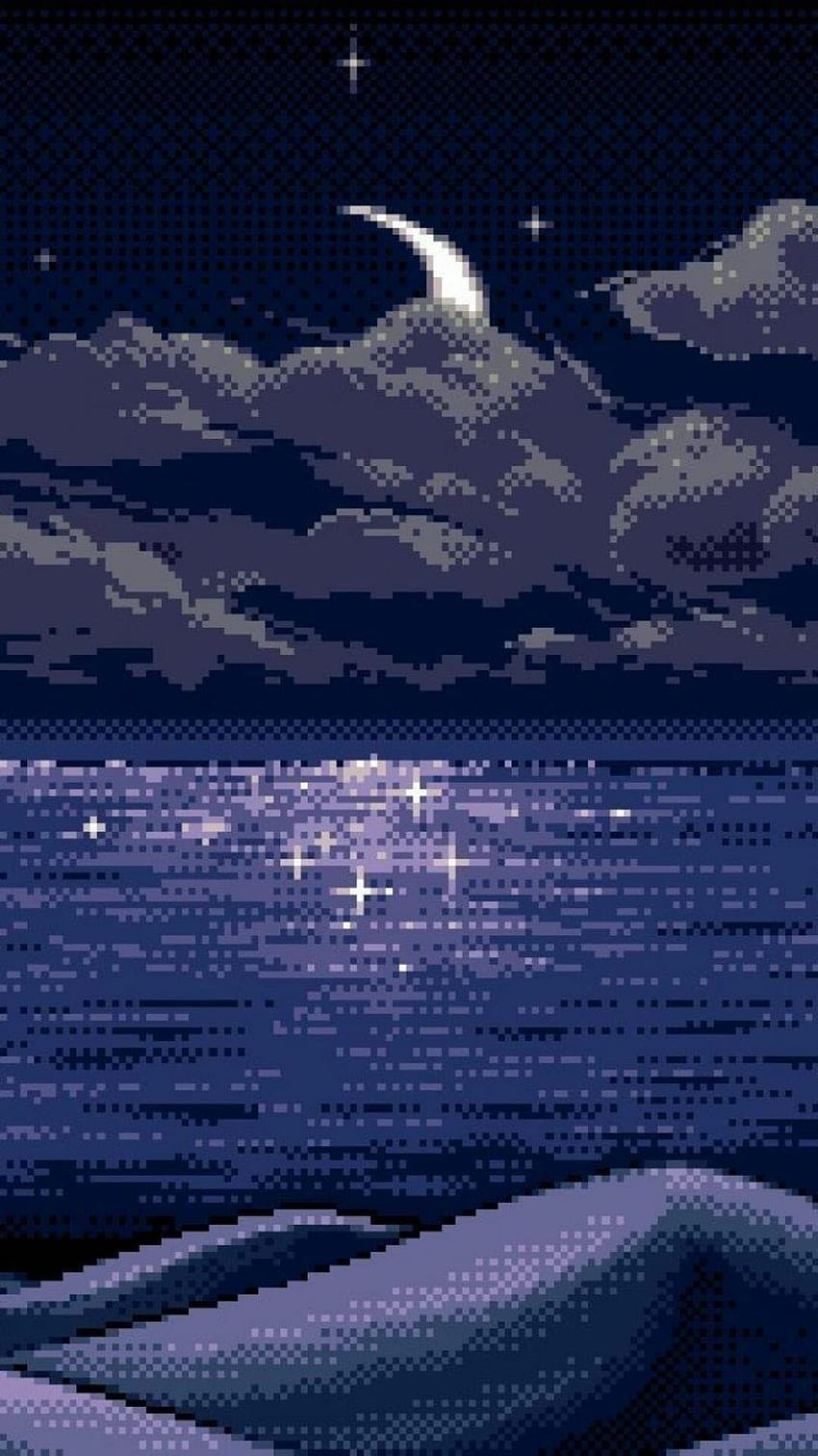 A pixelated image of a moonlit sea - Pixel art, art