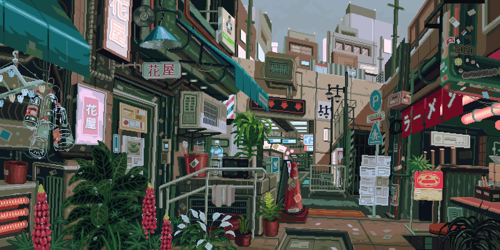A digital painting of a street in a city with a lot of plants - Pixel art, art