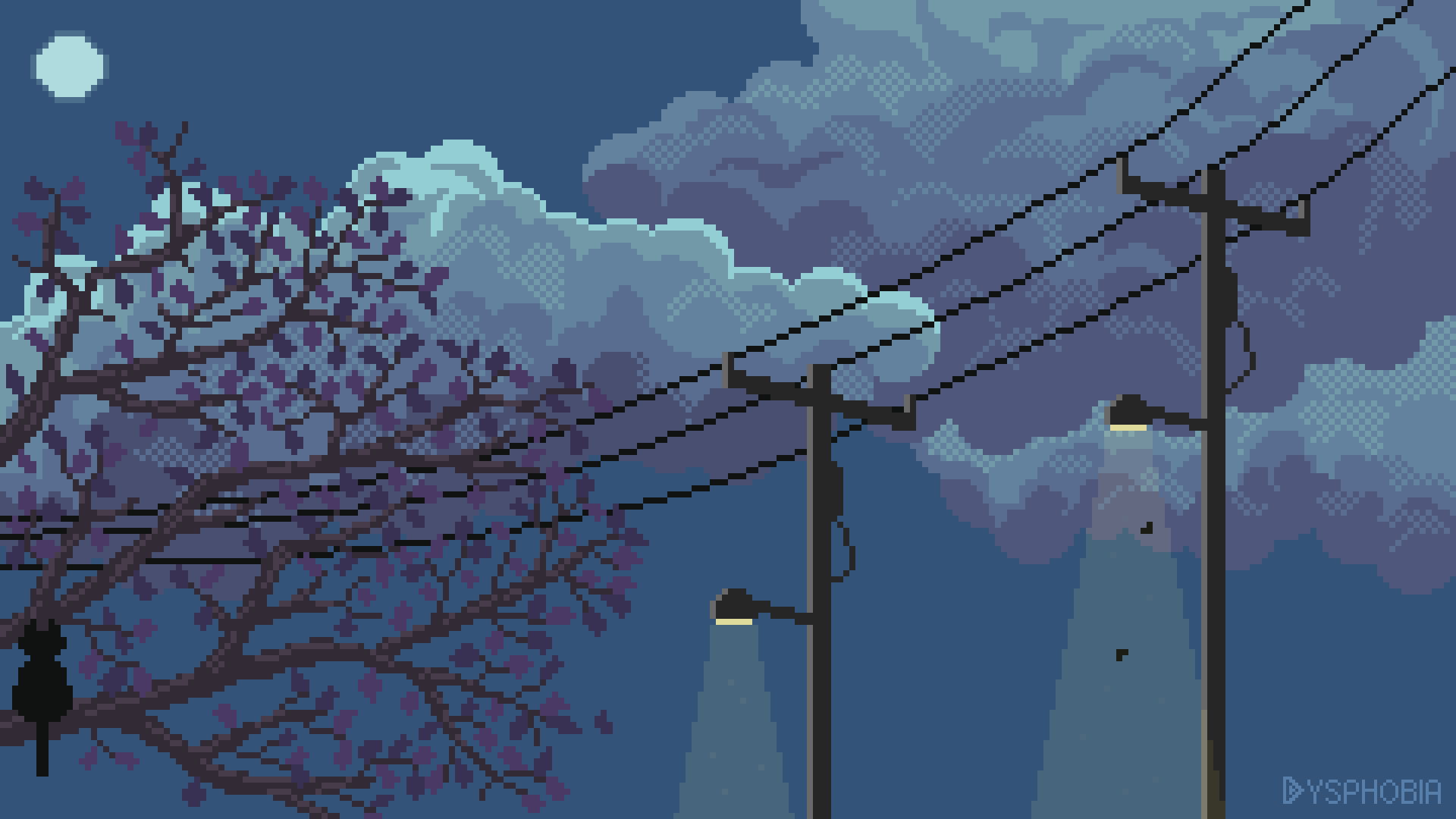 A pixel art image of a street lamp at night with a purple sky and pink tree. - Pixel art