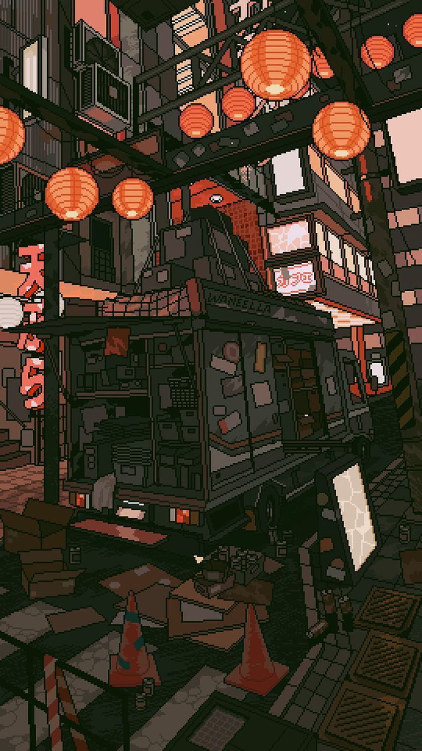 A pixel art image of a street at night with Chinese lanterns hanging from the buildings. - Pixel art