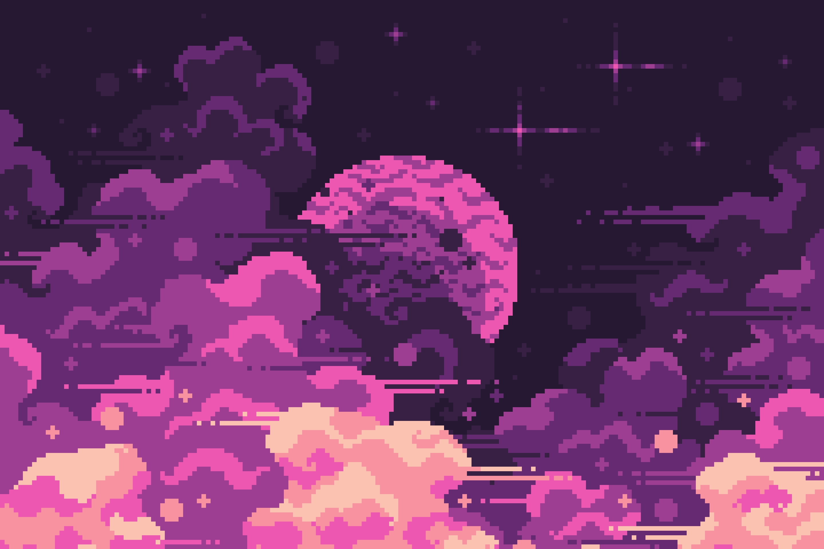 Pixel art image of a pink planet in a purple sky - Pixel art