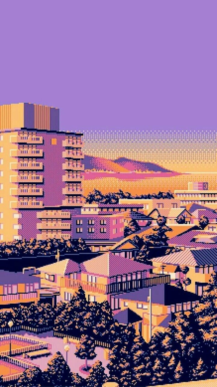A digital painting of the city at sunset - Pixel art