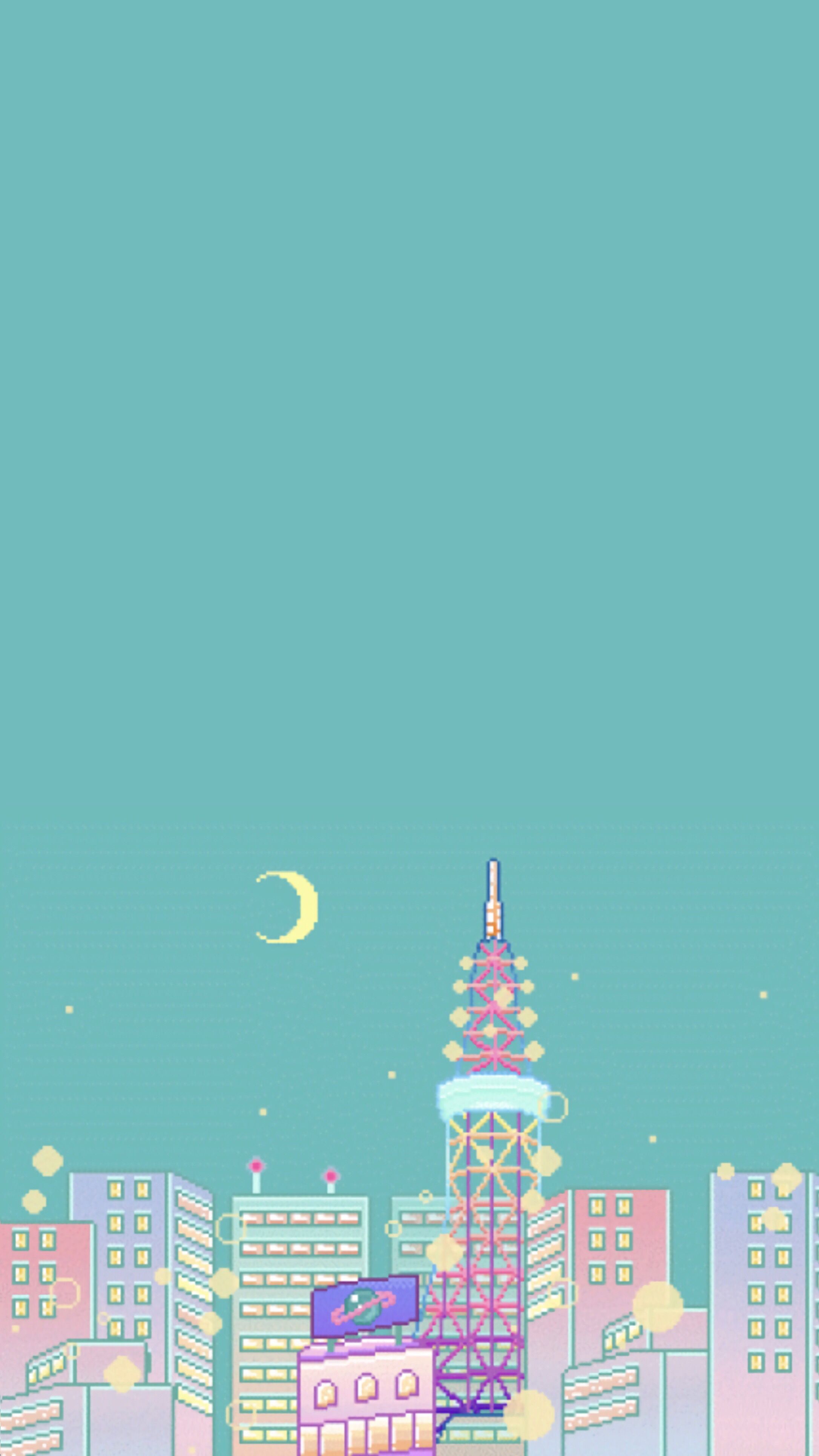 A phone wallpaper of a cityscape with a half moon in the sky - Pixel art